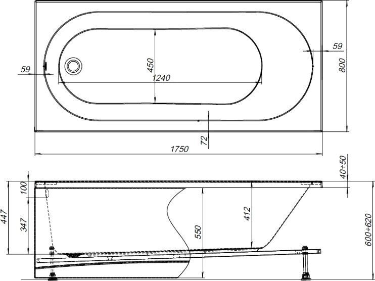 Акриловая ванна Aquanet Lotos 328870 175x80 см, белая, с каркасом