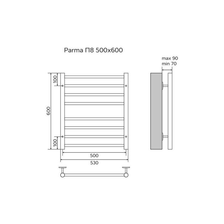 Полотенцесушитель Azario PARMA 500/600 водяной 8 пер. (1"-1/2" Полированный)